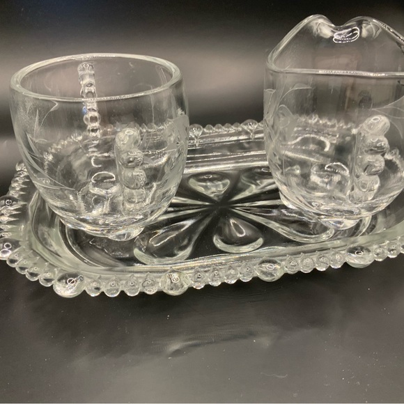 Paden City Crystal open sugar creamer underplate etch floral antique clear glass - Picture 3 of 6